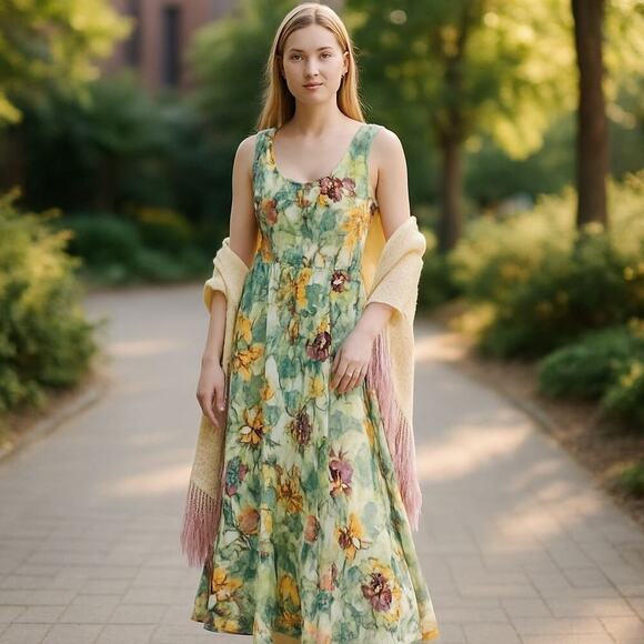 Peruvian Connection Tahitian Flowers Maxi Dress Small Green Floral Tropical NEW - Picture 16 of 16